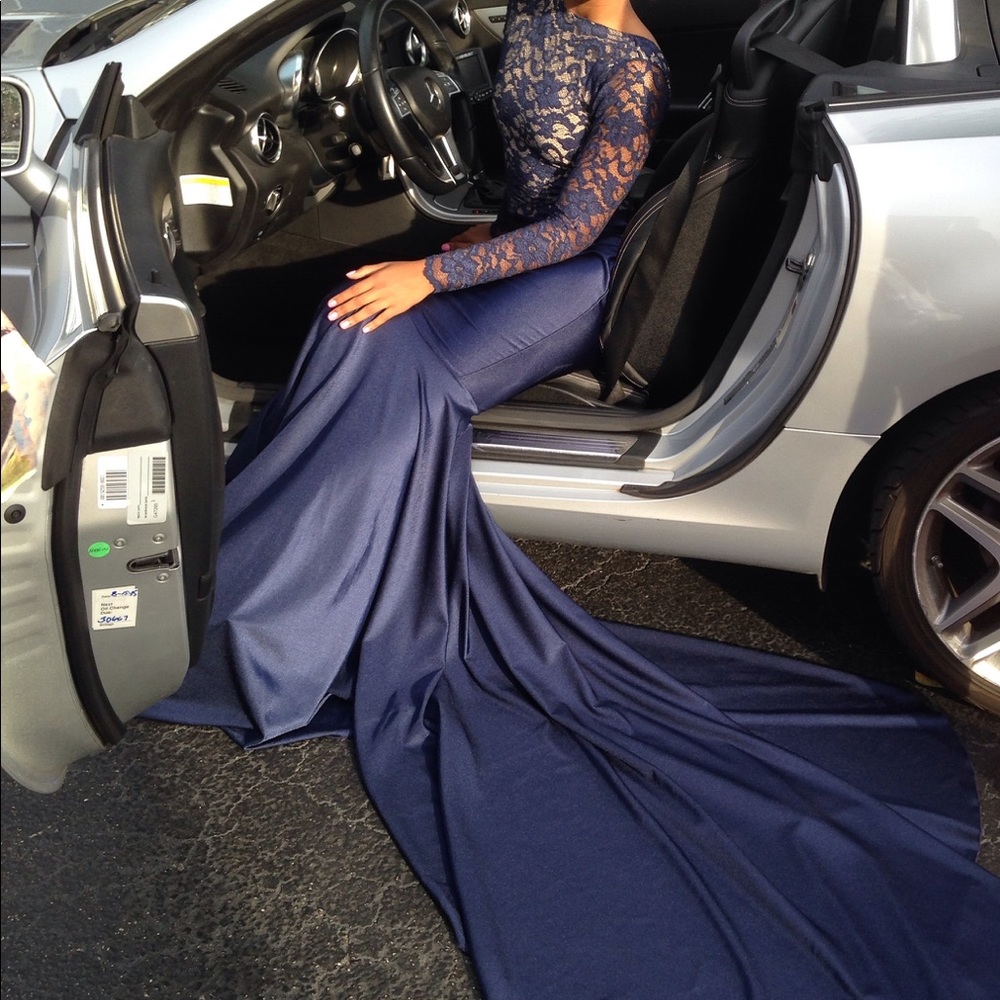Navy blue lace & satin open back dress